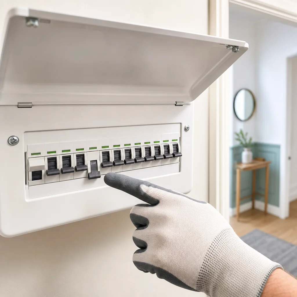 Gloved hand switching a tripped circuit breaker back on