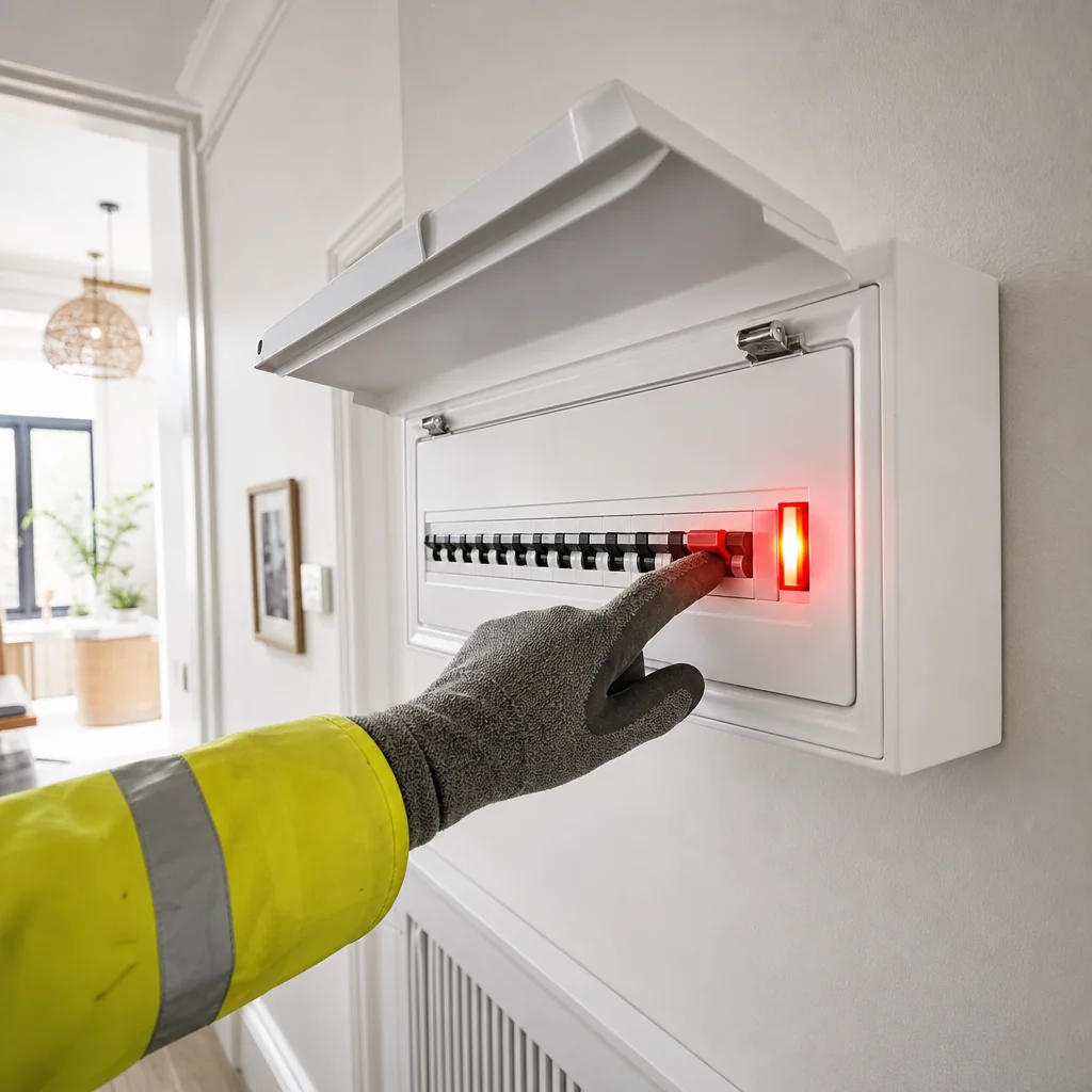 Electrician in hi-vis pointing at a red fault indicator inside a fuse box