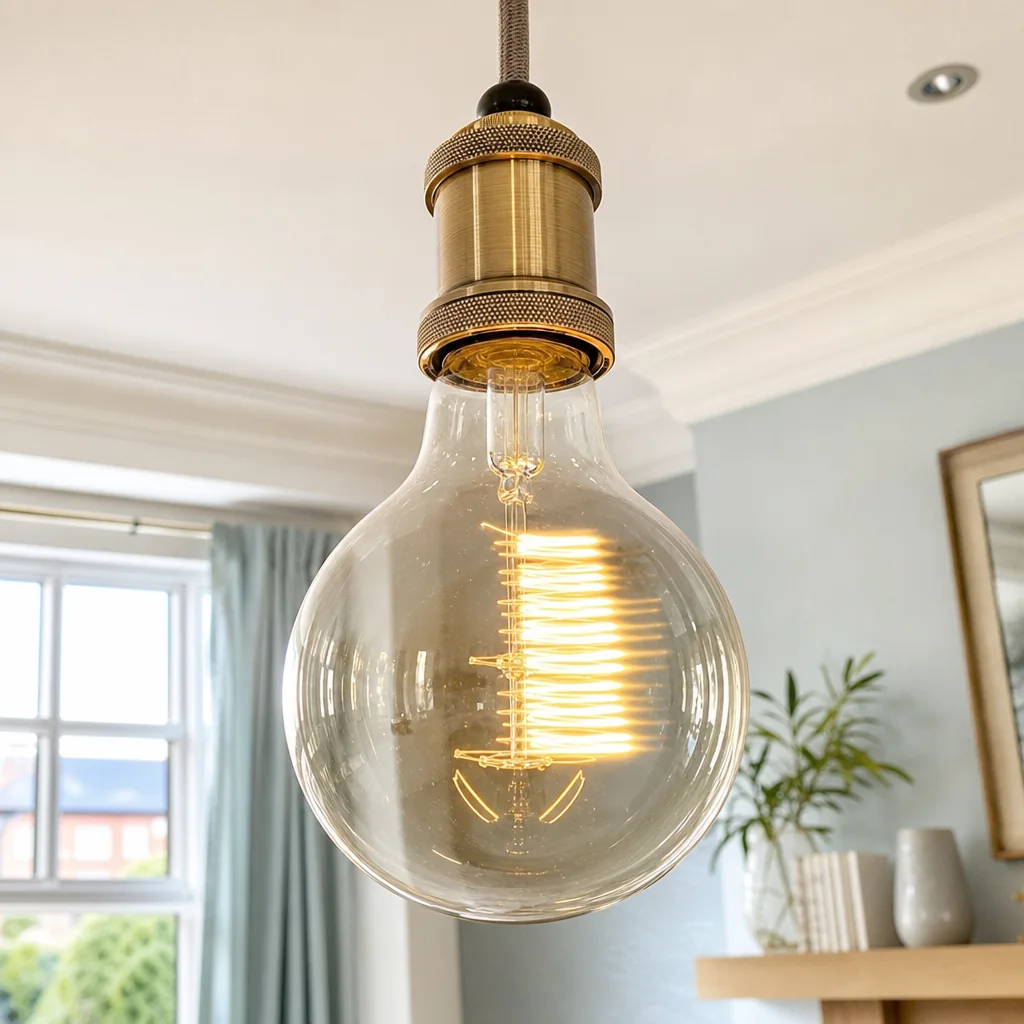 Bare filament light bulb glowing beside a bright window