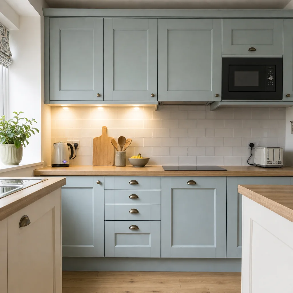 Kitchen with the under-cabinet lights on while the rest of the room is dark