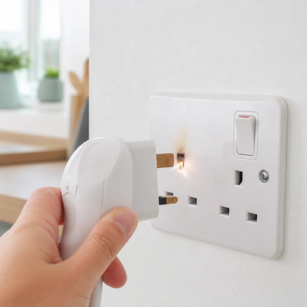 Plug arcing with a spark as it is pulled from a wall socket