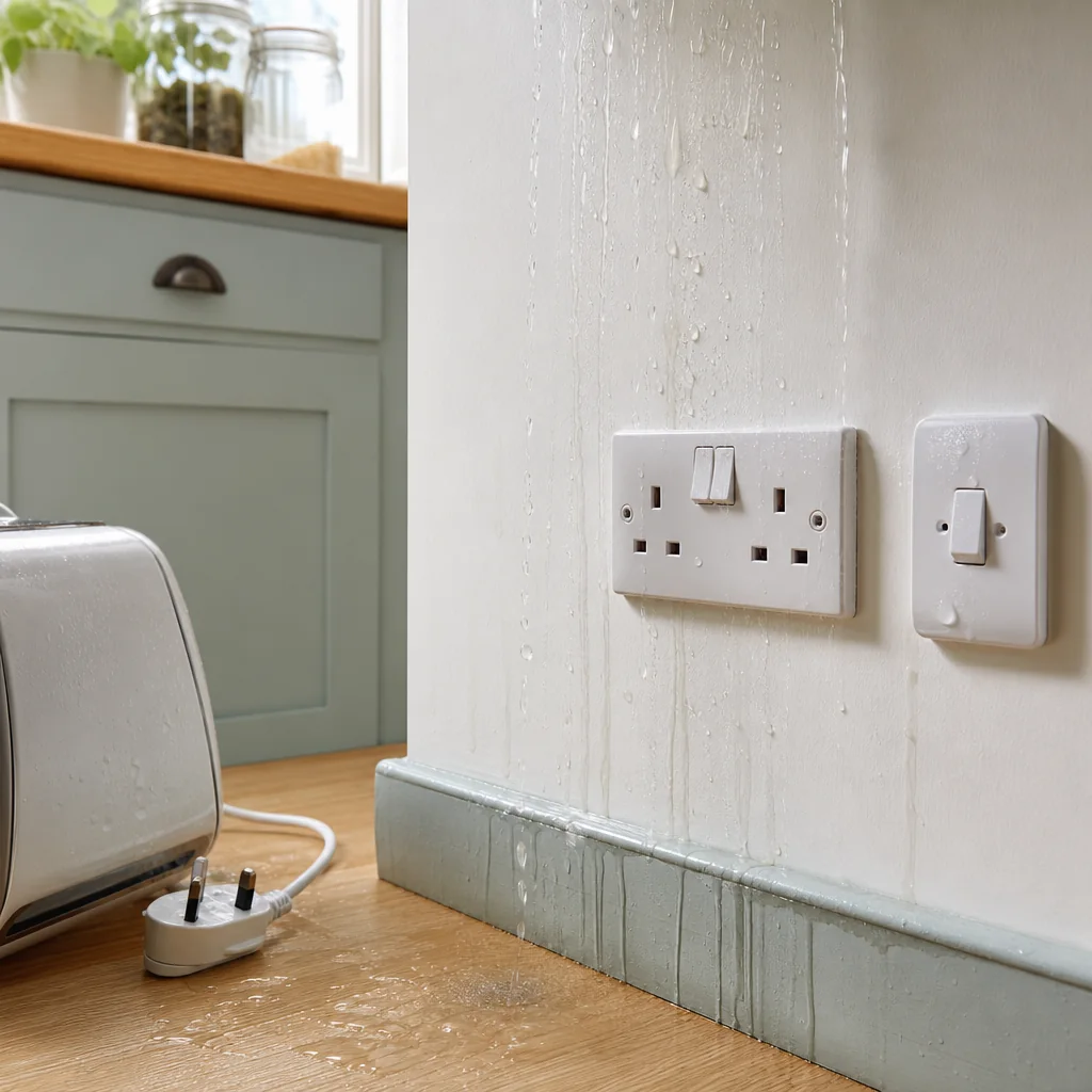 Water running down a wall next to a white double socket
