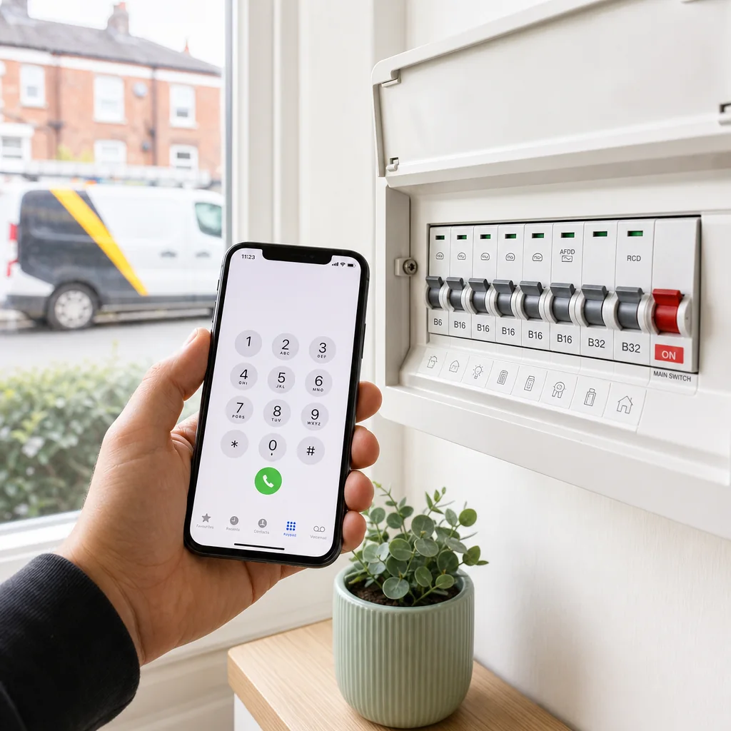Homeowner dialling an emergency electrician in front of a tripped consumer unit