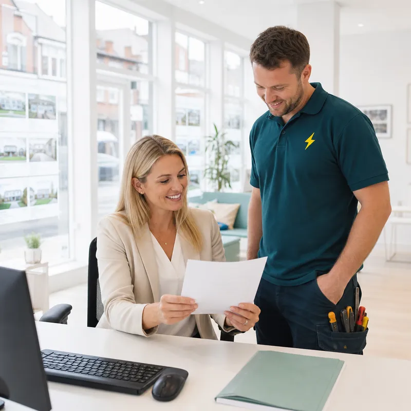 Letting agent reviewing paperwork with a TRACEFORM electrician in an office