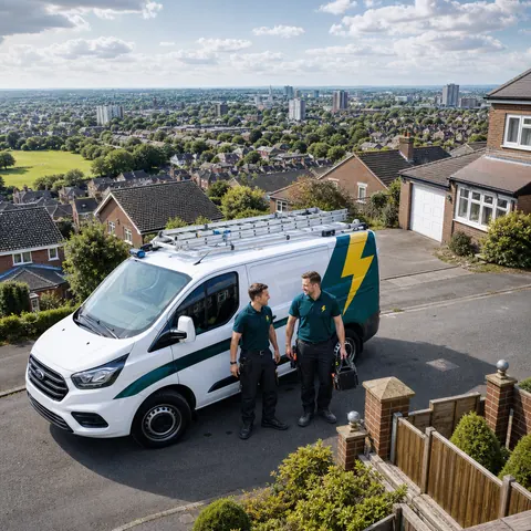 TRACEFORM electricians and van on a residential street overlooking Greater Manchester