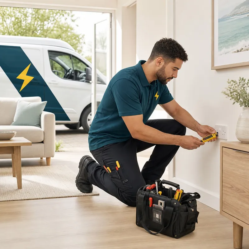 TRACEFORM electrician kneeling to test a faulty wall socket in a living room