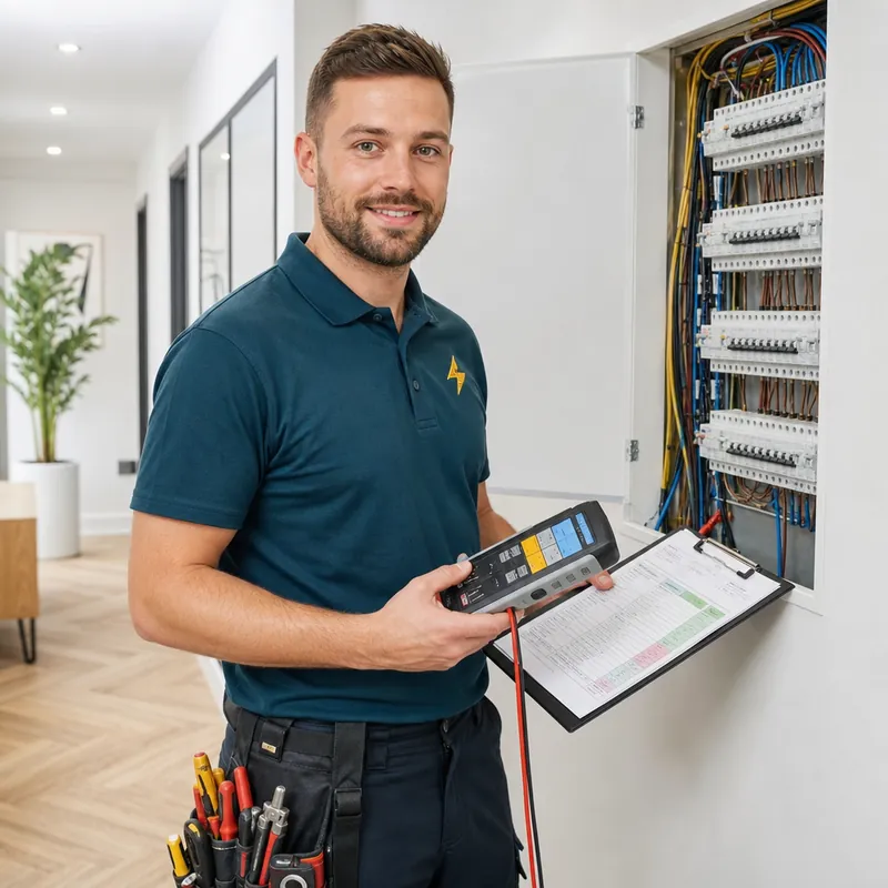 TRACEFORM electrician holding a multifunction tester beside an open distribution board